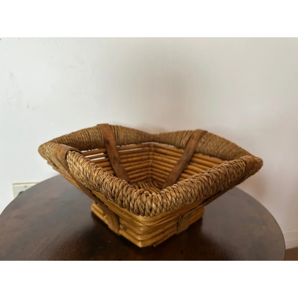 Vintage Tiered Wicker Basket Square Rattan Seagrass Rope Edge Boho Decor Bowl